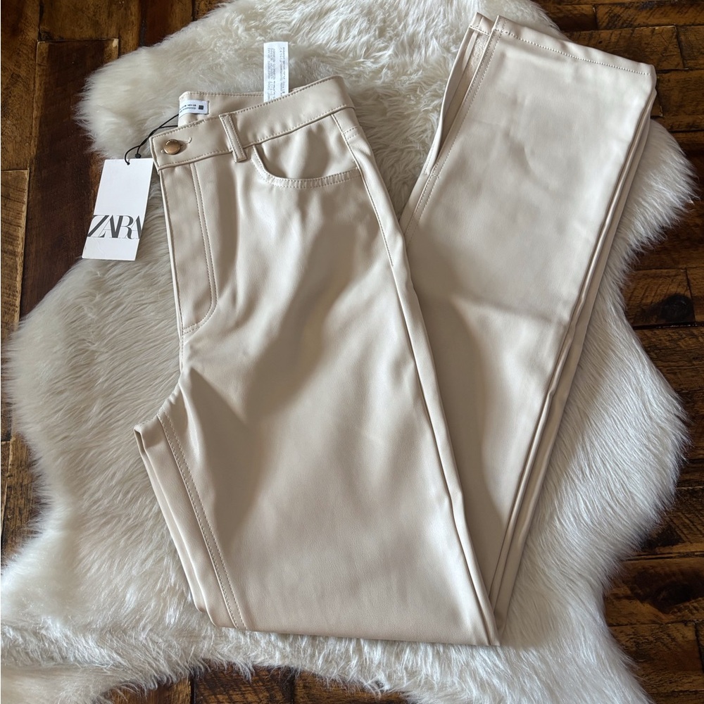 Zara Cream Faux Leather Trousers